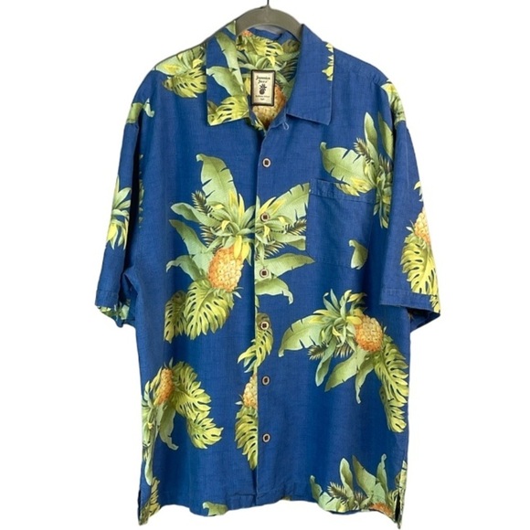 JAMAICA JAXX Men’s Silk Camp Collar Hawaiian Fern Pineapple Print Shirt Blue L - Picture 12 of 12